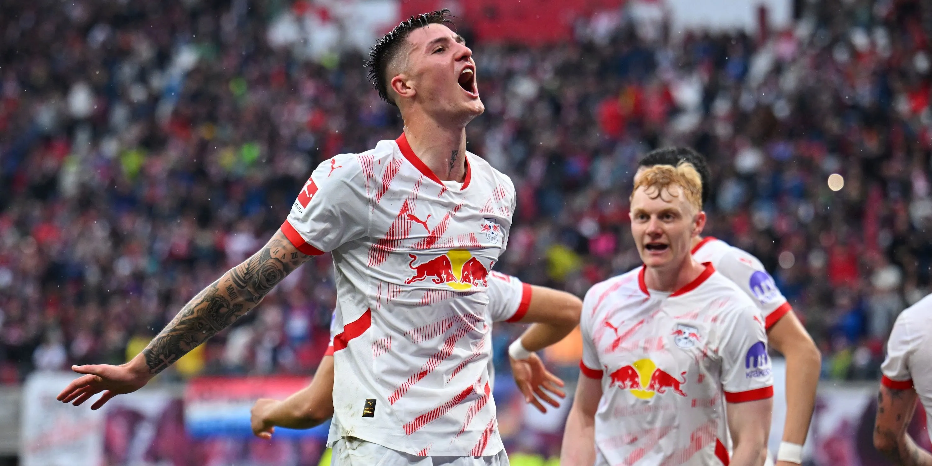 Benjamin Sesko của RB Leipzig ăn mừng bàn thắng, tiền đạo từng là mục tiêu chuyển nhượng của Arsenal
