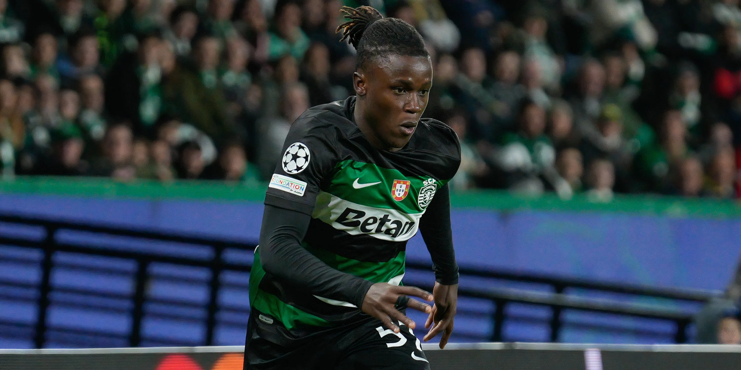 Geovany Quenda trong màu áo Sporting, ngôi sao chạy cánh tiềm năng chuẩn bị gia nhập Chelsea.